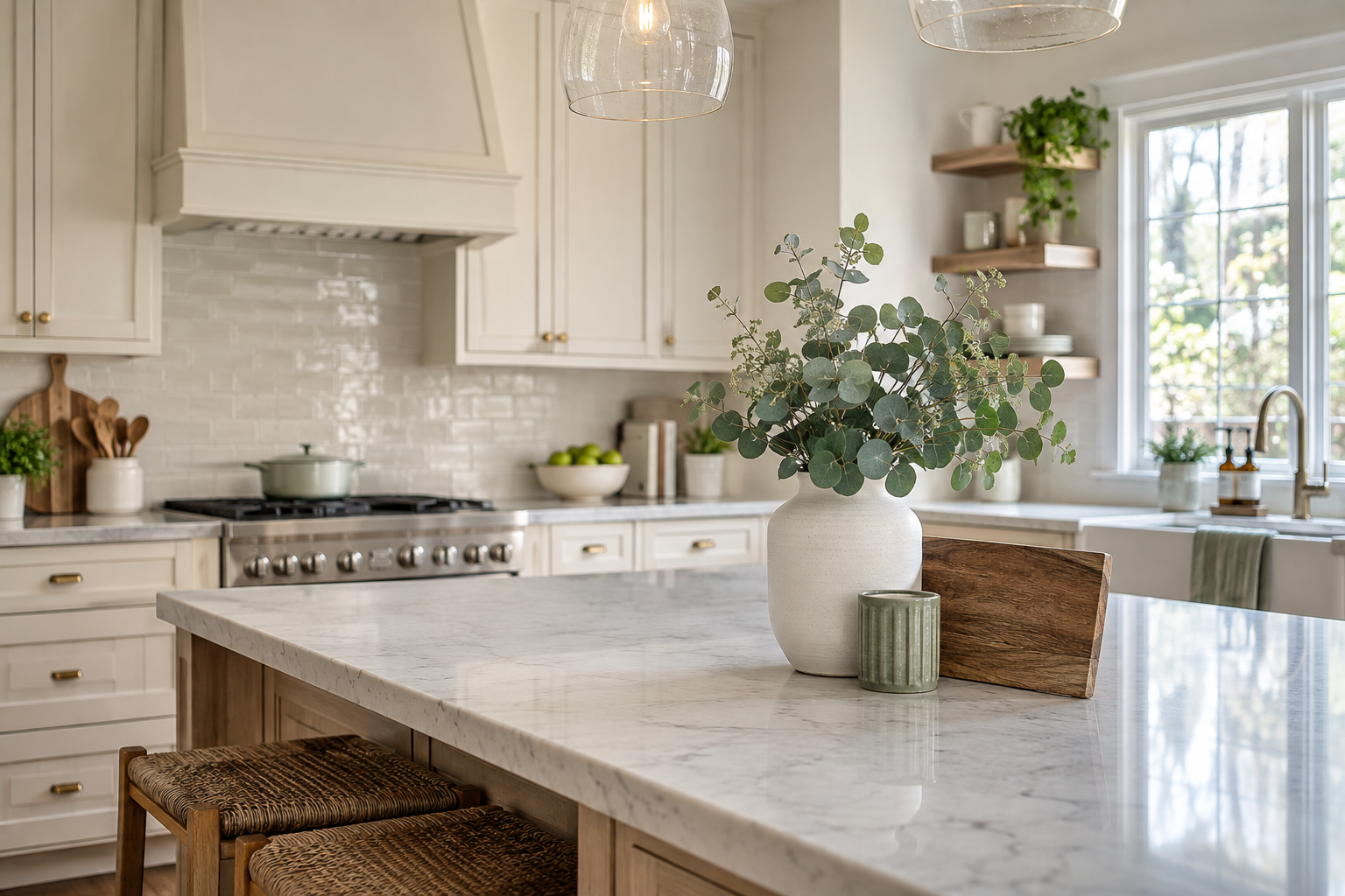 Fresh eucalyptus and a ceramic vase in a bright Maryland kitchen