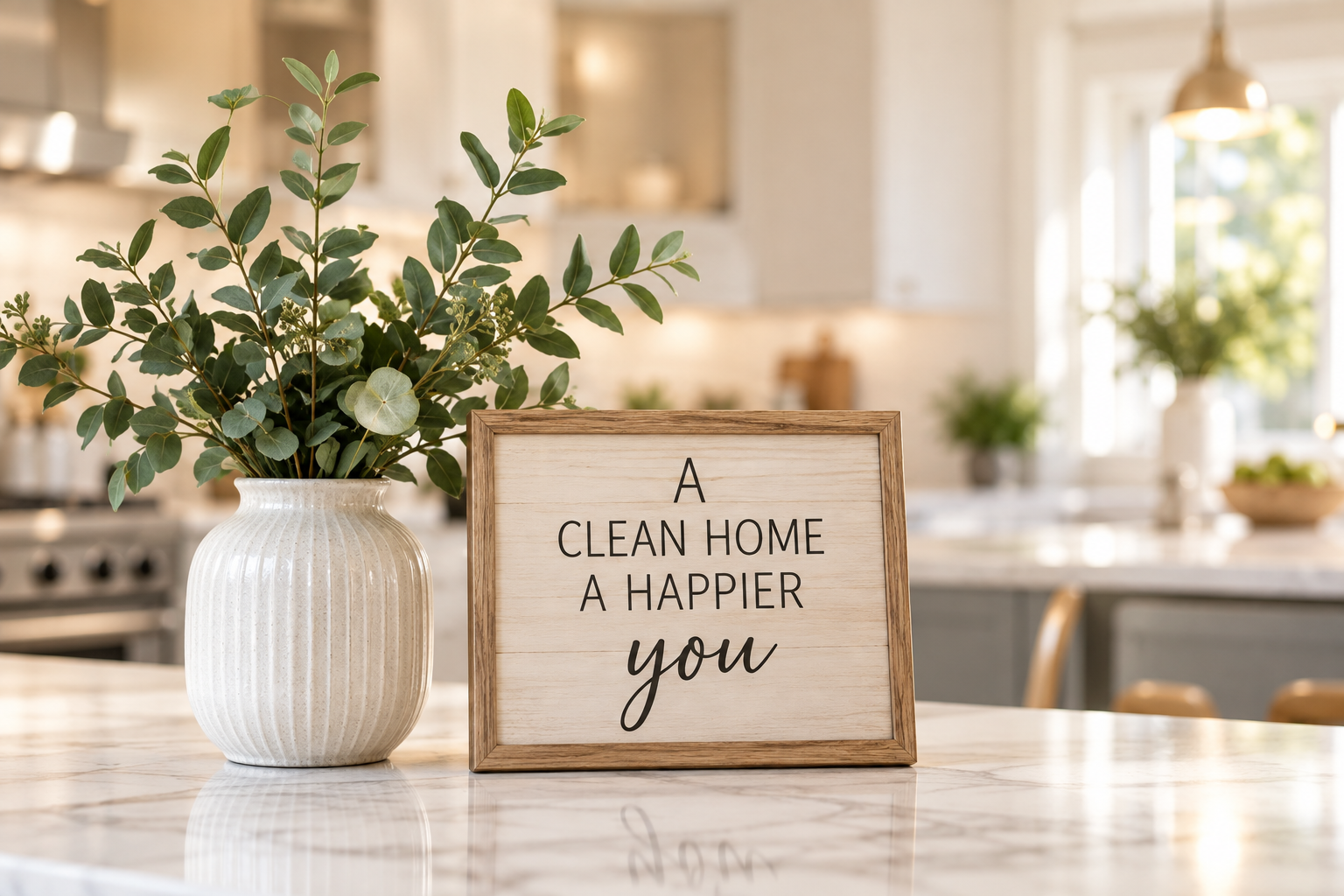 Fresh greenery beside a wooden sign reading A Clean Home A Happier You