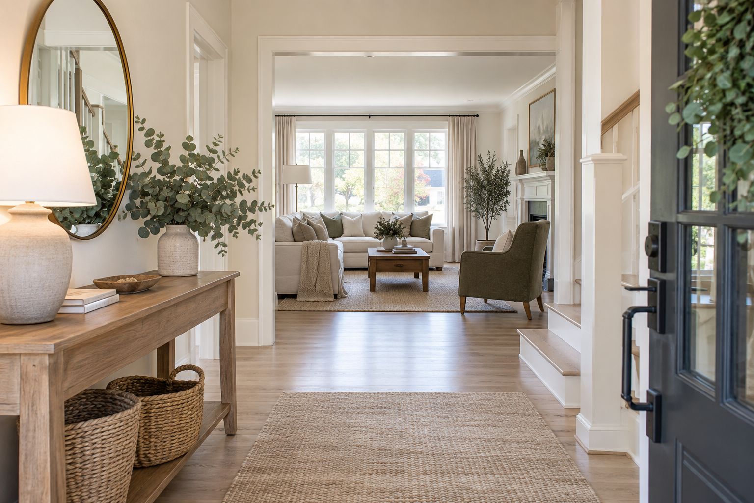 Welcoming clean entry and living room in a Parkville home