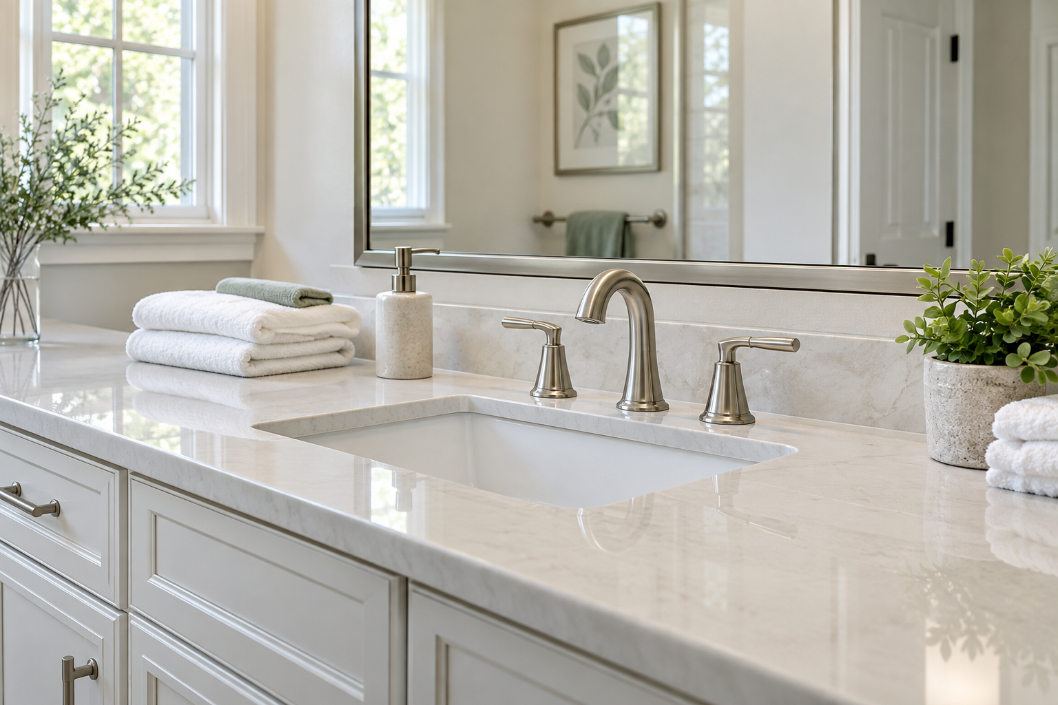 Spotless bathroom vanity and polished fixtures