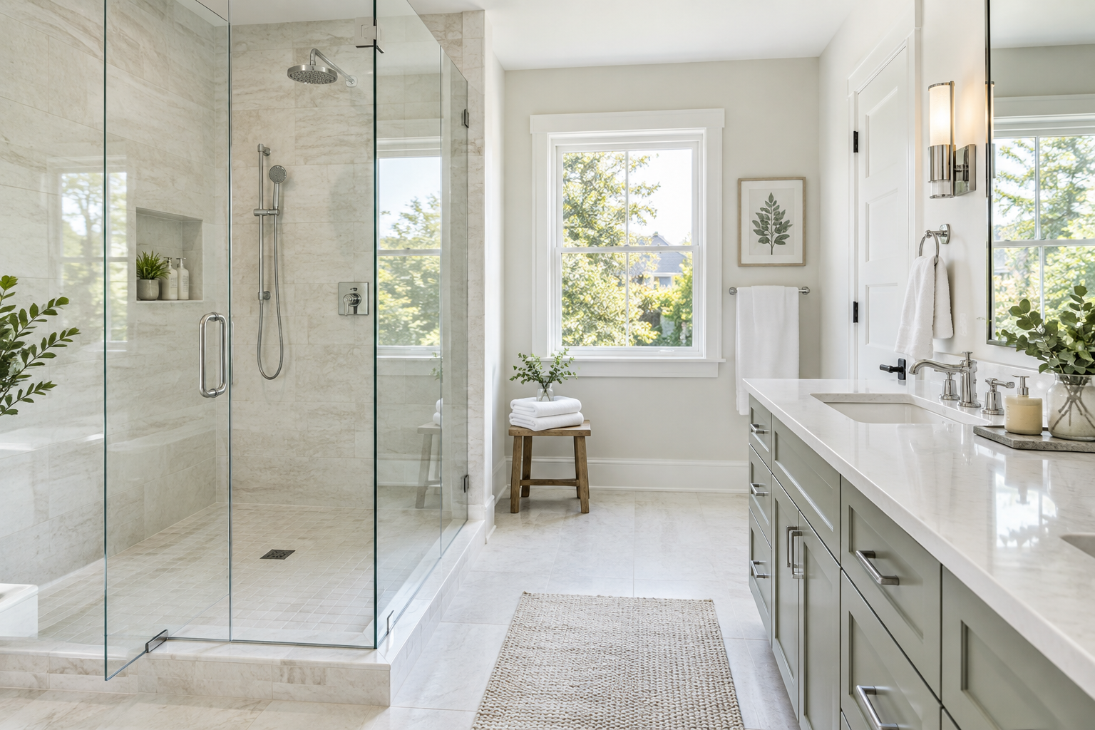 Spotless glass shower and bathroom after deep cleaning